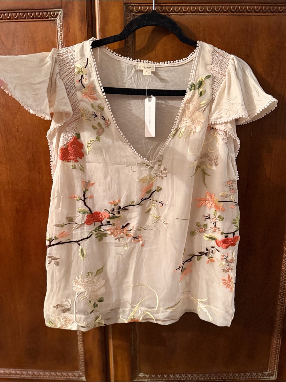 Anthropologie Cream Floral Embroidered V-Neck Flutter Sleeve Top